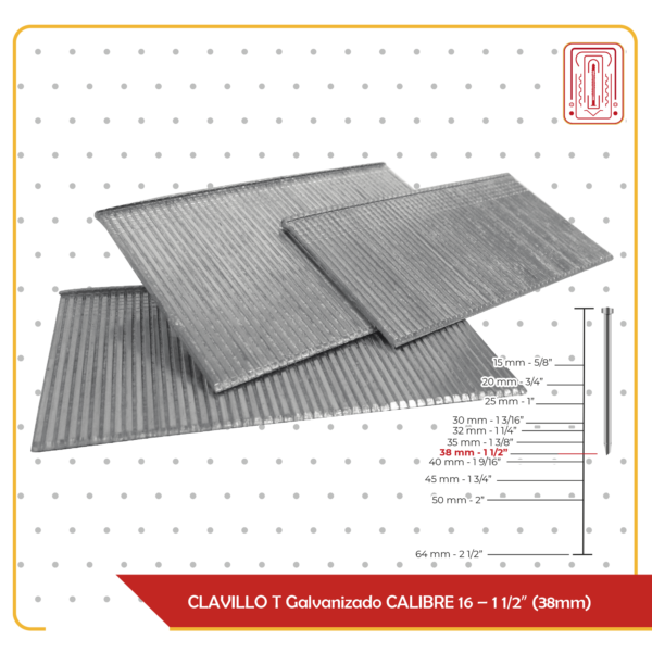 CLAVILLO T Galvanizado CALIBRE 16 – 1 1/2″ (38mm) Caja con 2,500 piezas ...