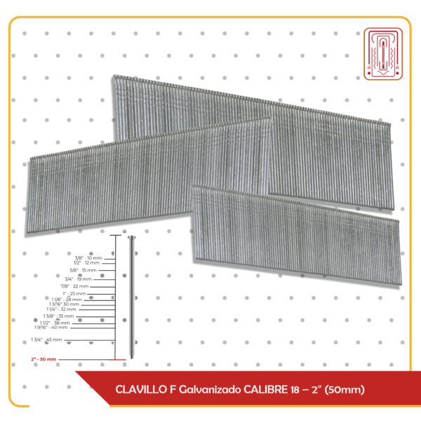 CLAVILLO F Galvanizado CALIBRE 18 – 2″ (50mm) (5,000 piezas ...